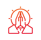 A red and orange logo with a praying hands.